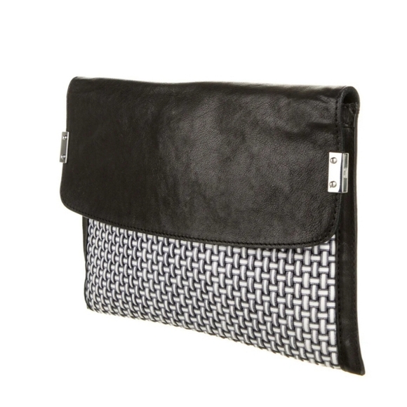 Stuart Weitzman Leather Clutch with Fold-Over Flap, Black/White - Picture 1 of 11